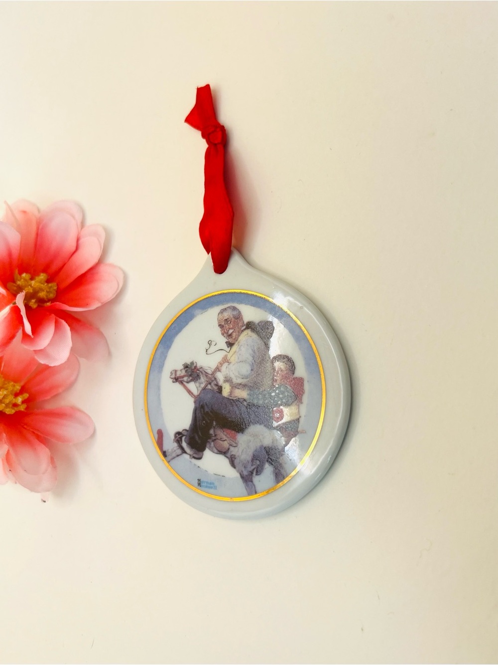 Vintage 1997 Holiday Ceramic Ornament with Red Ribbon